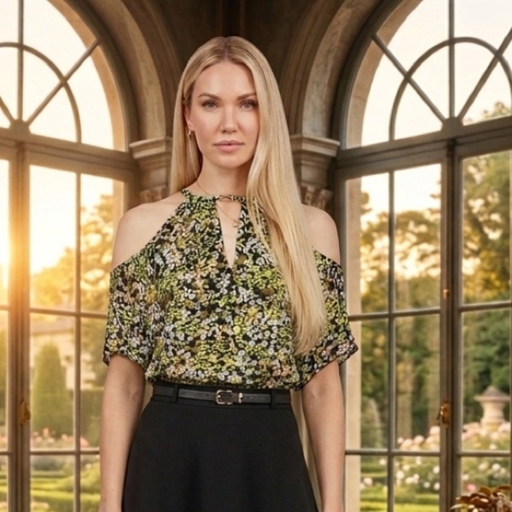 New Michael Kors Blouse Top Cold-Shoulder Handkerchief-Hem Floral